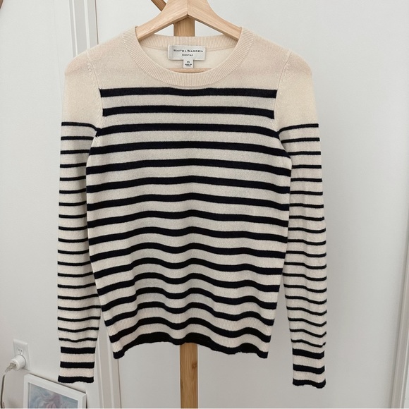 White + Warren Sweaters - White + Warren Cashmere Blue Stripe Sweater